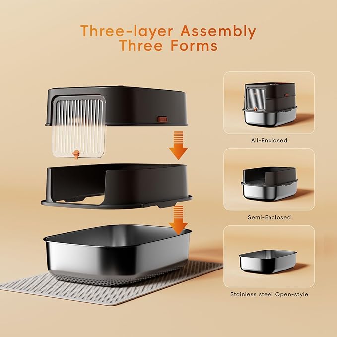 Stainless Steel Litter Box with Lid,90° Flip-Top Extra Large Cat Litter Box,Front Entry Top Exit Kitty LitterBox,Enclosed Metal Cat Box with Litter Scoop & Litter Mat,Anti-Leakage, Non-Sticky