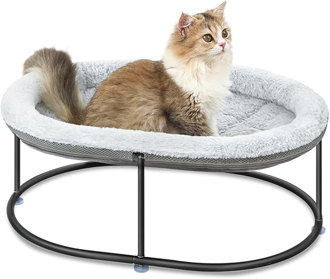 Elevated Cat Hammock Bed, Fluffy Warm Cuddle Bed with Detachable Pad, Raised Cuddler for Kittens, Small Dogs, Oval Grey