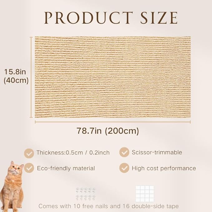 78.7"x15.8" Cat Scratching Carpet Mat Furniture Protector, Covering DIY Cat Tower,and Replacement Pads, Self-Adhesive Trimmable Mat (Khaki)