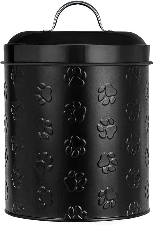 Amici Puppy Paws Embossed Pet Food Canister, Pet Storage Containers, Airtight Lid, Dog Treat Jar, Rustic Metal Treat Canister for Kitchen Counter (Black, 104 Oz)