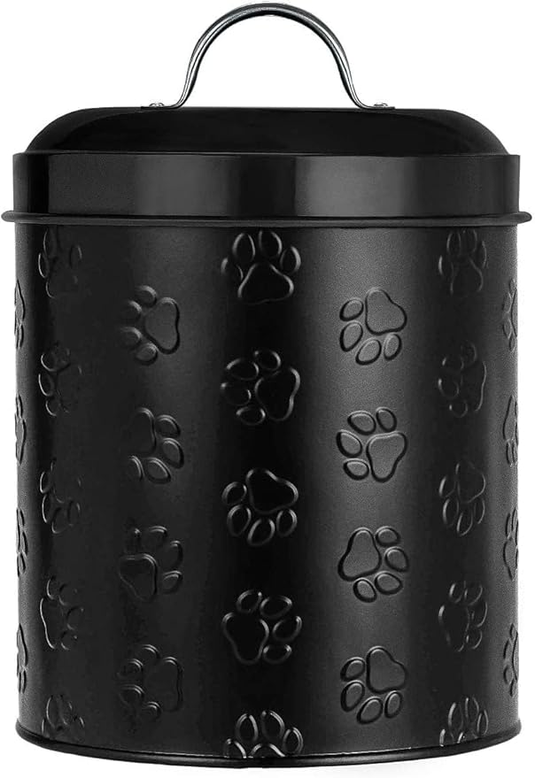 Amici Home Puppy Paws Embossed Pet Food Canister, Pet Storage Containers, Airtight Lid, Dog Treat Jar, Rustic Metal Treat Canister for Kitchen Counter (Black, 140 Oz)