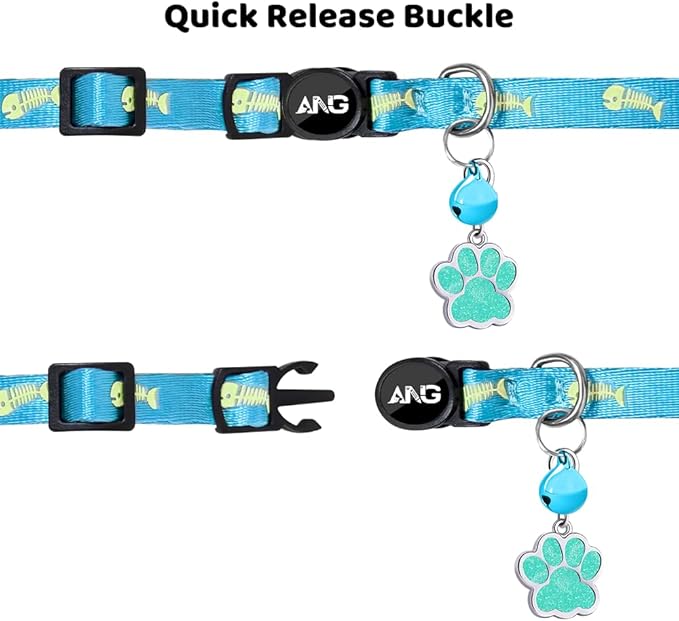 Personalized Breakaway Cat Collars Glow-in-The-Dark with ID Tag, Bell - Safety Quick - Release, Customizable for Female Male Kittens & Cats (Blue)