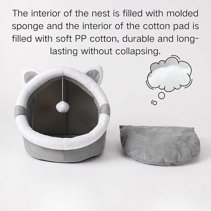 Cat Bed Cave with Removable Cushion, Indoor Pets Plush House Bed with Pompom for Small Dogs Cats Kitten Puppy Rabbits (Grey,M)