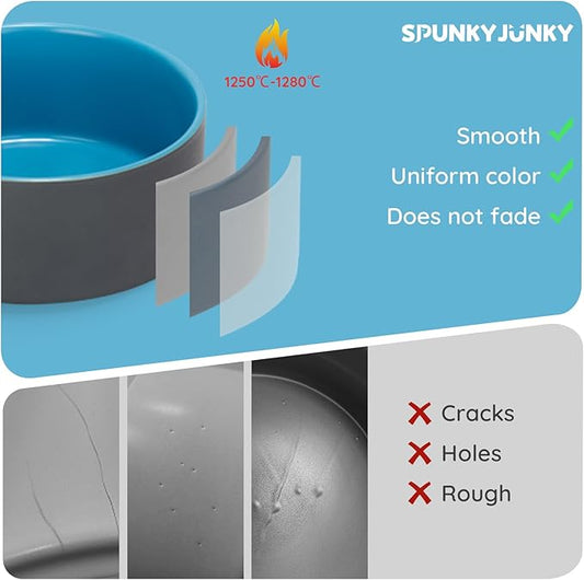SPUNKYJUNKY 13.5OZ Ceramic Dog and Cat Bowl, Modern Cute Weighted Food Water Bowl for Replacement Blue-Grey (2 Pack)