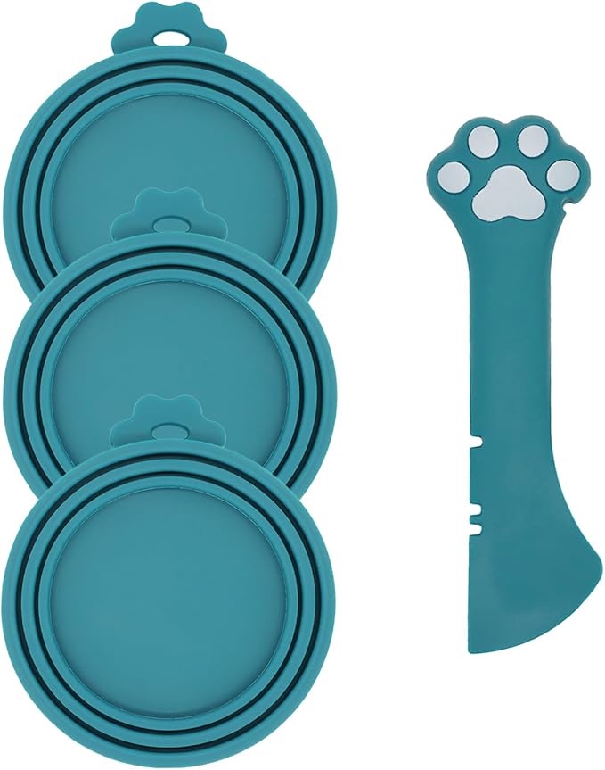 Pet Can Opener & 3 Pcs Cat Food Can Lids | Universal BPA Free Silicone Can Covers & Multi-Function Wet Food Spoon for Cat and Dog Food(Dark Blue)