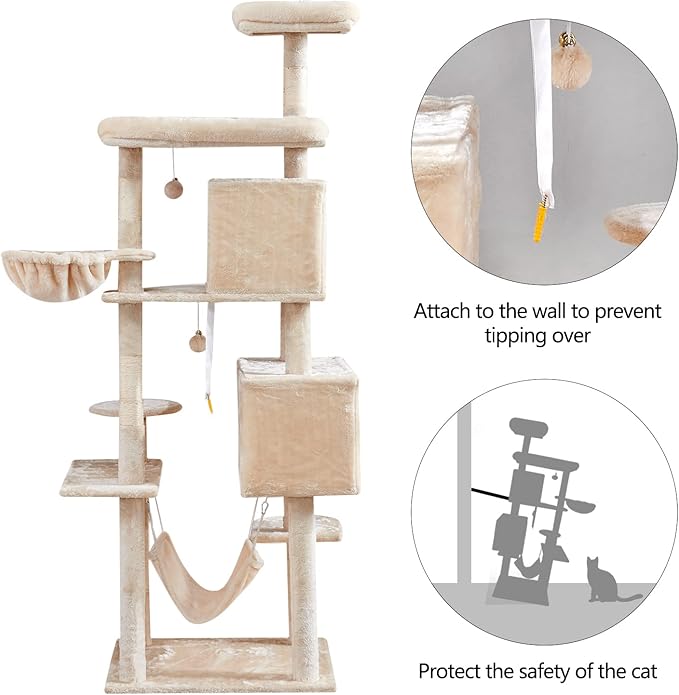 Cat Tree 71.6 inches Cat Tower for Indoor Cats, Multi-Level Cat Condo Furniture with Scratching Posts Plush Perches, Activity Center with Cozy Basket & Hammock for Large Cat,Beige