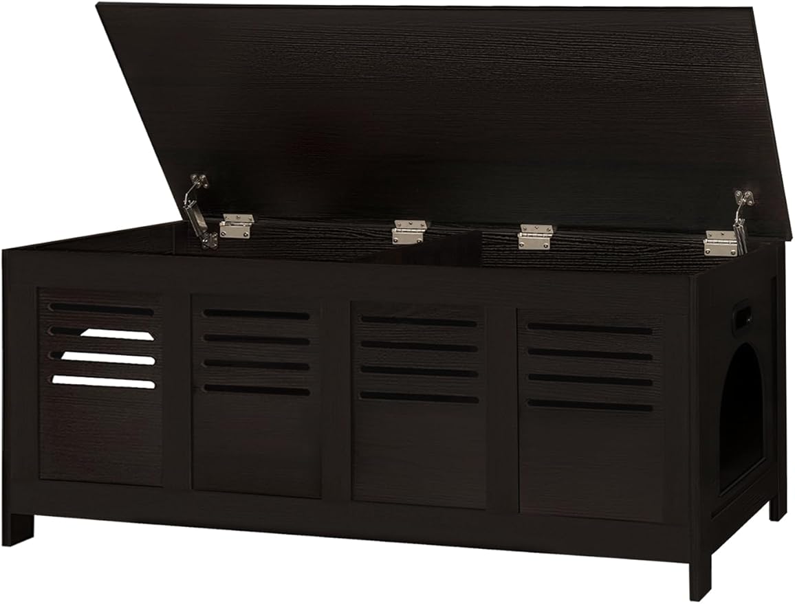 DINZI LVJ Litter Box Enclosure Furniture for 2 Cats, Top Opening Hidden Litter Box with Double Rooms, Dual Cat House with Good Ventilation, 47.2" Wooden Cat Washroom, Espresso