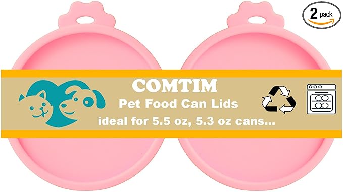 Comtim Cat Food Can Covers Lids for 5.5 oz Cans, 2 Pack Silicone Cat Food Can Lids for 5.5 oz 5.3 oz Cans...Pet Food Can Covers Reusable Can Toppers Savers for Wet Food (Pink)