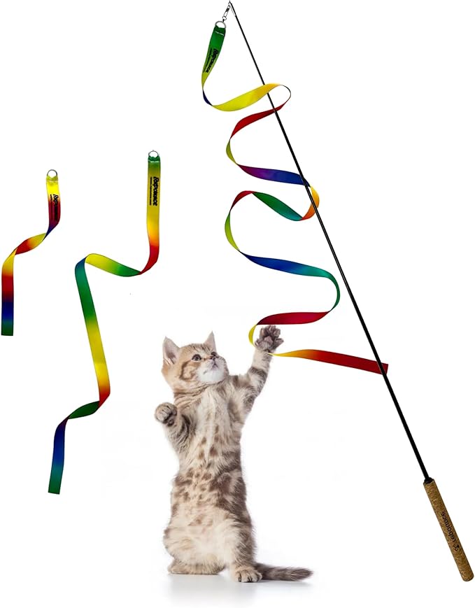 Forever Stick - The Unbreakable Cat Toy Wand, Extra Long Durable Interactive Cat Toy for Indoor Cats, Feather Kitten Toys for Bored Indoor Adult Cats, Bird Teaser (Forever Stick Ribbons)