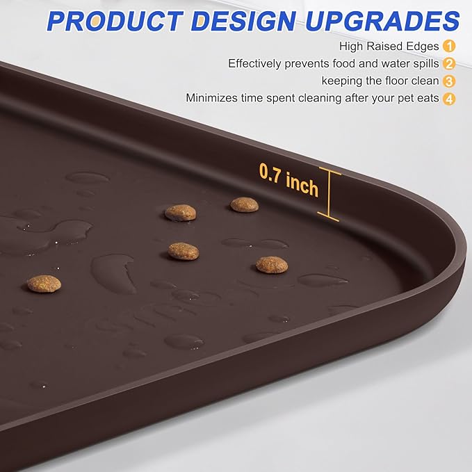 Silicone Pet Feeding Mat with Raised Edge for Food and Water, Dog Bowl Mats, Cat Bowls Placemat with High Lip for Floor Waterproof, Rubber Tray for Cats and Dogs 19 x 12 x0.7 Dark Brown