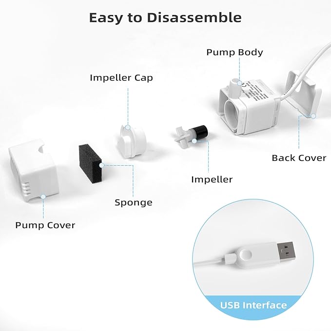 Cat Water Fountain Pump, JY-200 Pet Water Fountain Pump Compatible Motor Upgraded Units 2.0 74oz/2.2L Ceramic Cat Water Fountain, USB Cable (No Led & with Brush)
