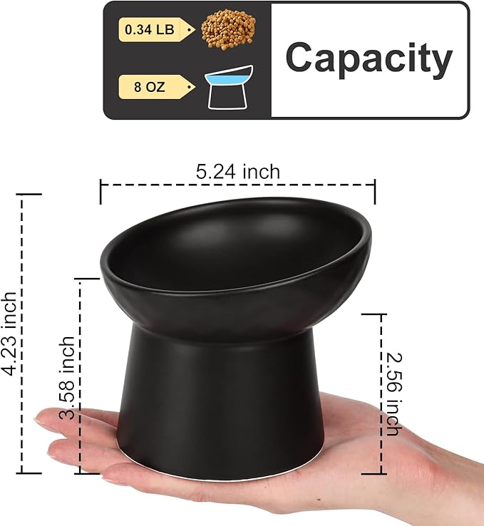 YauYik Raised Cat Bowl Black, Elevated Cat Food Bowls with Tilted Angle, Stress Free, Anti Vomiting, Ceramic Water Bowl for Cats Small Dogs Feeding Dish, 8 Ounces