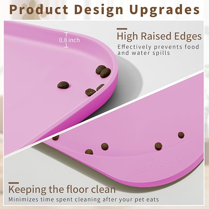 Silicone Pet Feeding Mat with Raised Edge & Residue Collection Pocket for Food and Water, Dog Bowl Mats, Cat Bowls Placemat with High Lip for Floor Waterproof, 22 x 14 x 0.8 Pink