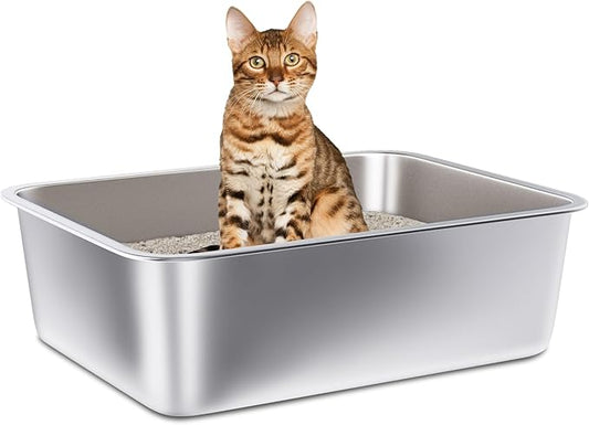 Stainless Steel Litter Box, 17.7"x13.8"x6" Large Metal Litter Box for Kitty/Cat/Rabbits, Easy to Clean, Non Stick Litterbox No Smell for Adult Cats