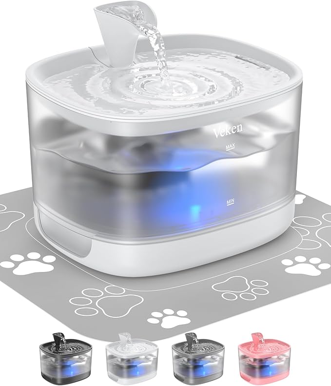 Veken Cat Water Fountain with Detachable Tank, Easy to Clean & Assemble, 84oz/2.5L Automatic Pet Drinking Dispenser with Quiet Operation & LED Light for Cats, Dogs and Small Pets, White
