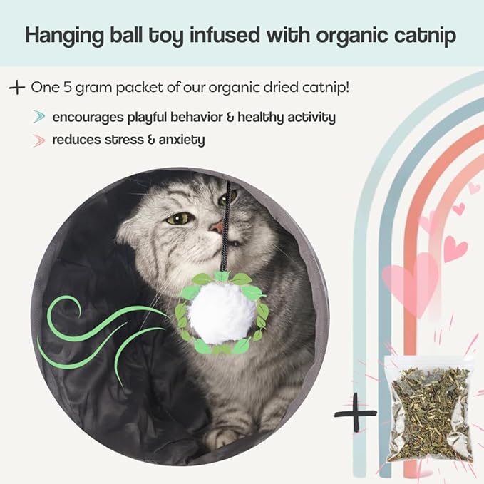 Cat Tunnels for Indoor Cats Large – Fluffy Donut Tunnel Bed with Soft Mat & Plush Toy – Peekaboo Cat Cave Bed for Napping & Play – Dark Gray, The Cat Park