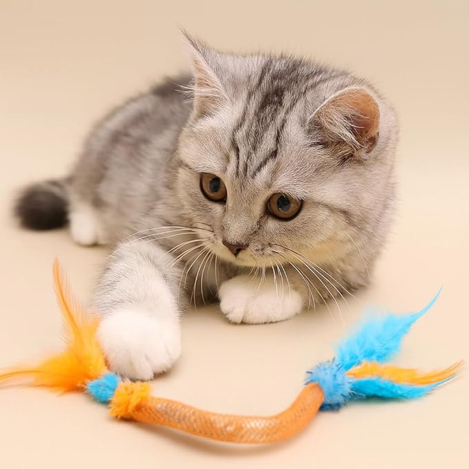 Cat Toys for Indoor Cats with Catnip – 2 Pack Feather Elastic Mesh Chew with Pom-Pom Cat Toys, 19.5 Inch Durable Kitten Teething Cat Toy Bundle with Bells