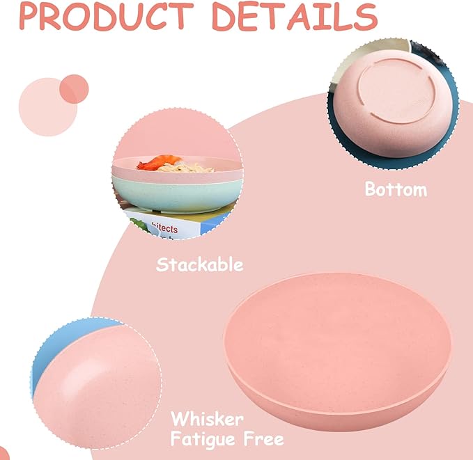 6-Pieces Whisker Fatigue Cat Bowl - 5.5 Inch Shallow Cat Food Dish Wide Cats Wet Feeding Bowls, PET Plate for Kittens and Short Legged Cats, Wheat Straw