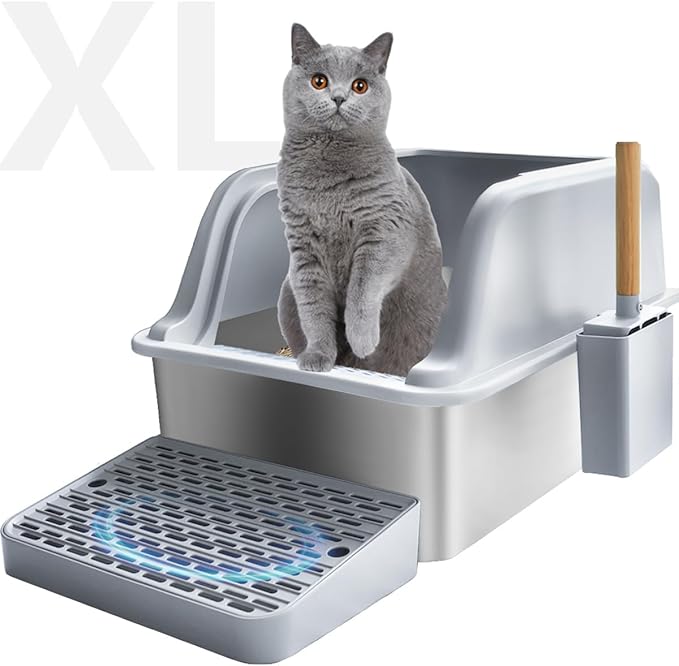 Large Stainless Steel Cat Litter Box,Kitty Litter Box with Lid,XL Jumbo Enclosed High Sided Cat Litter Pan Boxes for Indoor Cats,Scoop with Holder,Non-Sticky Never Absorbs Odors