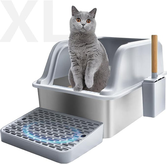 Large Stainless Steel Cat Litter Box,Kitty Litter Box with Lid,XL Jumbo Enclosed High Sided Cat Litter Pan Boxes for Indoor Cats,Scoop with Holder,Non-Sticky Never Absorbs Odors