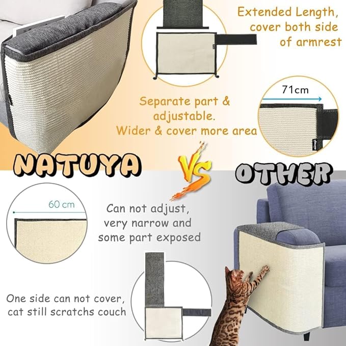 NATUYA Cat Scratch Couch Protector, Sisal Furniture Protector Cat Scratching Pad, Anti-Cats Scratch Sofa Armrest Couch Protective Shield with Pocket (Dark Gray, Fit Left or Right)