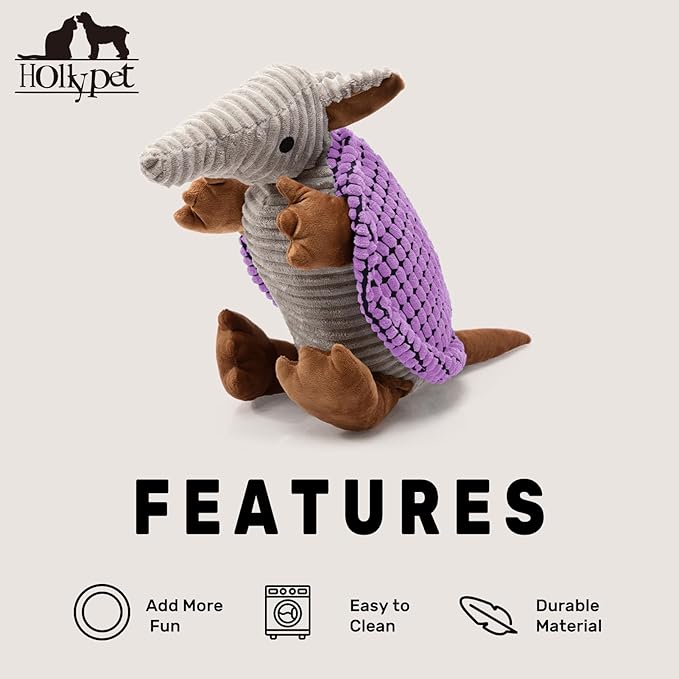 Hollypet Plush Dog Squeaky Toy Stuffed Armadillo Animal Pet Puppy Chew Toys with Clean Teeth for Small Medium Large All Breed Sizes Dogs, Purple, 10 in