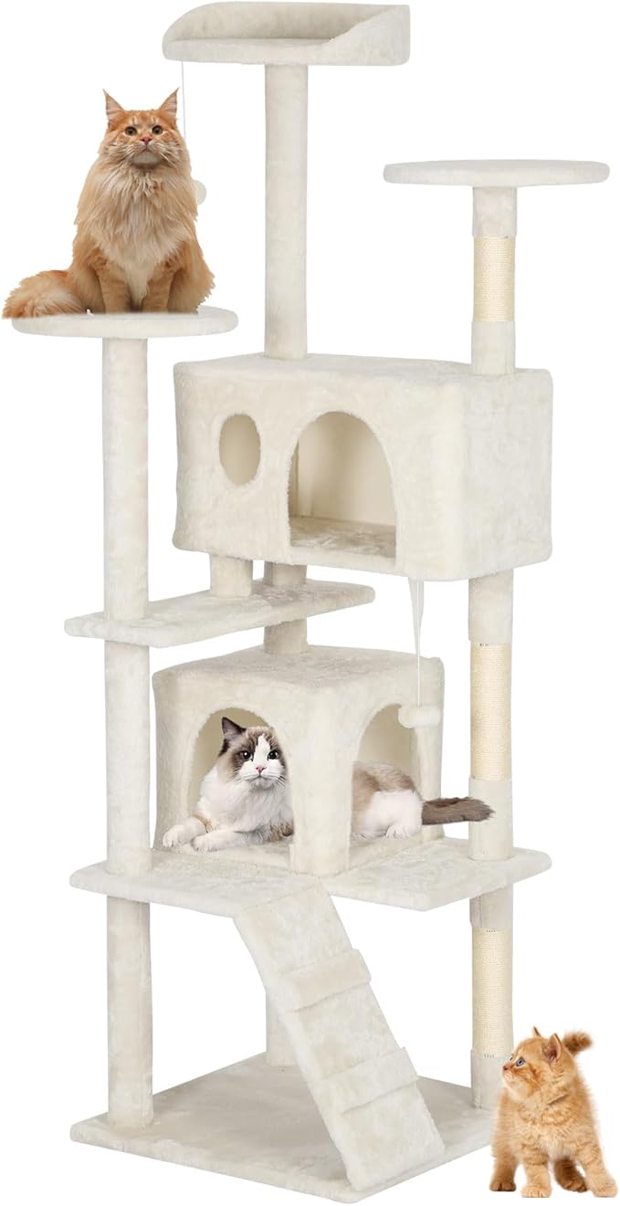 BestPet 62in Cat Tree Tower for Indoor Cats,Multi-Level Cat Furniture Activity Center with Cat Scratching Posts Stand House Cat Condo with Funny Toys for Kittens Pet Play House,Beige