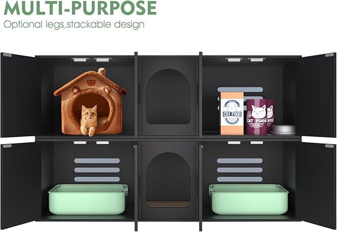 Double Litter Box Enclosure, Litter Box Enclosure for 2 Litter Boxes, Modern Litter Box Furniture for 2 Cats, with Cat Door & Motion Light (Black)