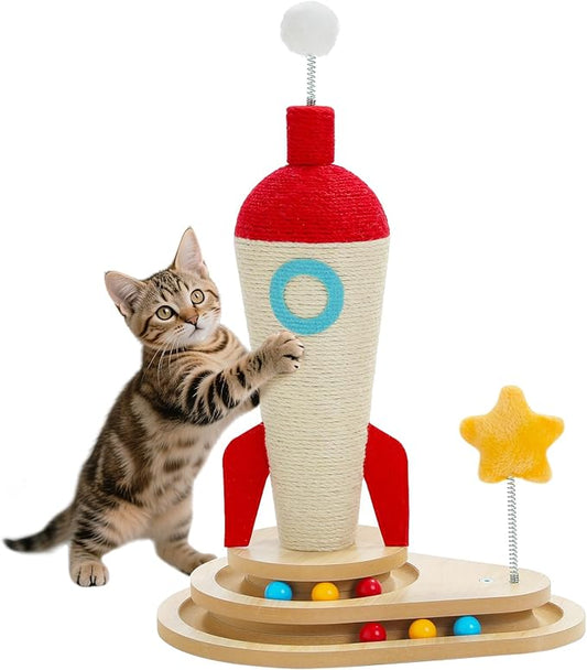 PETEPELA Cat Scratching Post, Rocket Sisal Cat Scratcher, 24.8'' Cute Scratching Post with 2-Layers Wooden Track Cat Toys & Spring Pompom for Indoor Cats Adults