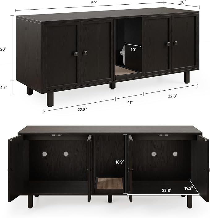 59 Inches Cat Litter Box Enclosure for 2 Cats, Hidden Litter Boxes Furniture with Cat Scratch Pad, Large Indoor Pet House with Double Room, Wooden TV Stand Side Table, Black