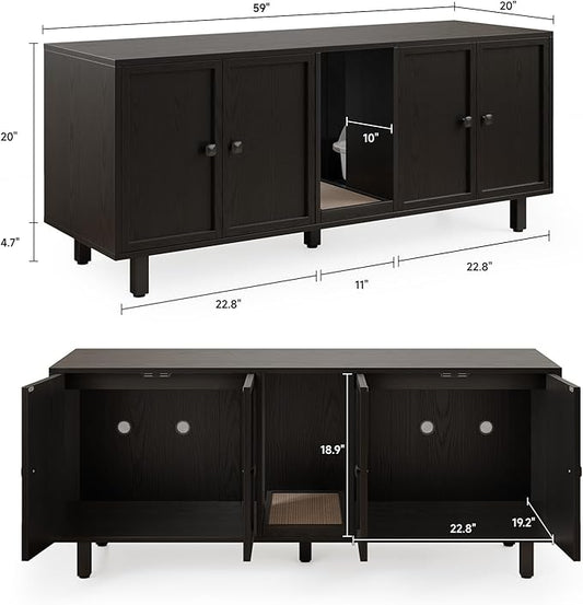 59 Inches Cat Litter Box Enclosure for 2 Cats, Hidden Litter Boxes Furniture with Cat Scratch Pad, Large Indoor Pet House with Double Room, Wooden TV Stand Side Table, Black