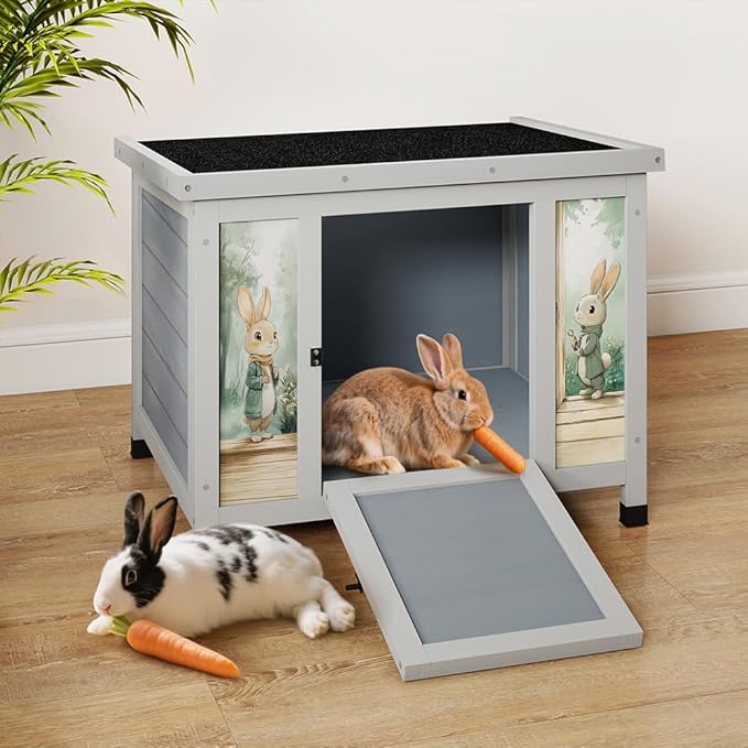 COZIWOW 24in Wooden Cat House Outdoor & Indoor Pet Shelter with Foldable Ramp - Weatherproof Rabbit Hutch with Unique Machine-Printed Art Designs for Cat, Rabbit, Guinea Pig (Grey)
