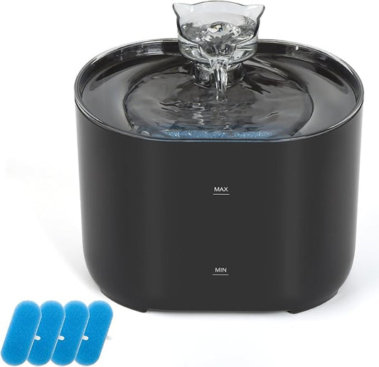 Meill Cat Water Fountain, 75Oz/2.2L Dog Water Bowl Dispenser with Filter Indoor for Small Pets, Automatic Shut-Off for Low Water Level, Water Level Visible, Ultra-Silent, 4 Filters, Black