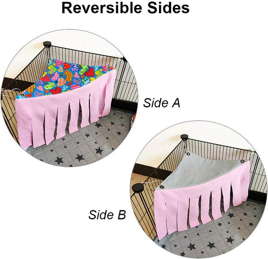 RIOUSSI Guinea Pig Hideout Hideaway Corner Fleece Toys Cage Accessories with Reversible Sides, Heart/Gray-Pink+Purple, Pack of 2