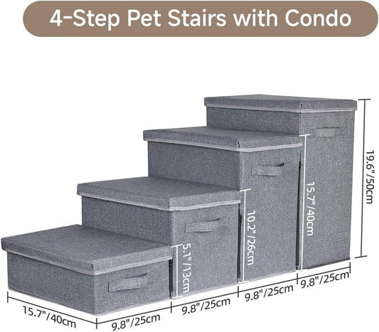 Dog Stairs with Storage, 4-Step Folding Pet Steps for Small Dogs and Cats, Pet Steps Storage with Zip, Pet Stairs for High Bed, Couch and Car Ramp (Gray, 4 Steps no Condo)