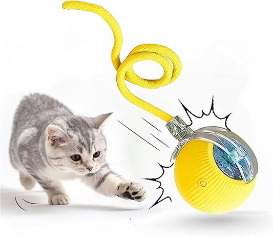 Interactive Cat Toy Ball 2025, Smart Automatic Rolling Ball for Indoor Cats, Fast Moving Mouse Cord Design, Self-Rolling Cat Toy on Carpet, Fun Gift for Kittens & Cats (Yellow)
