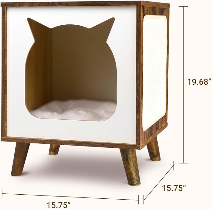 Cat House Wooden Cat Condo Cube Shaped,Modern Cat Bed Side Table & Nightstand,Cat Shelter Furniture with Cushion Cat Scratch Pad,Brown