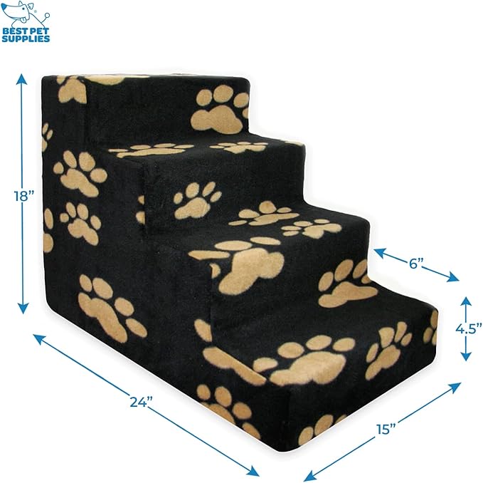 Best Pet Supplies Dog Stairs & Steps - Foam Steps for Small Dogs & Cats, Non-Slip Indoor Balanced Pet Step Support, Dog Ramp, No Assembly, Paw Print on Black, 4-Step (18-inch Height).