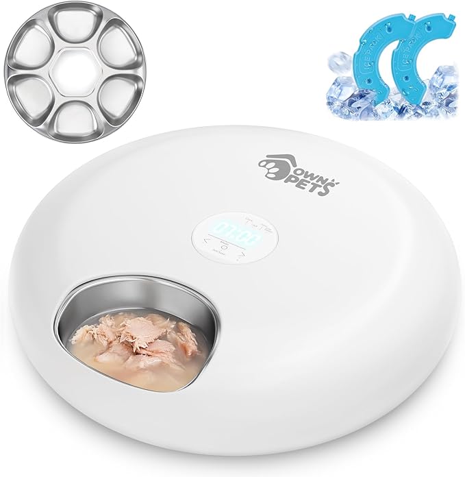 Ownpets Automatic Cat Feeder for Wet Food, with Stainless Steel Tray, 6 Meals Rechargeable Auto Pet Feeder with 2 Ice Packs, Cat Food Dispenser for Cats Small Dogs