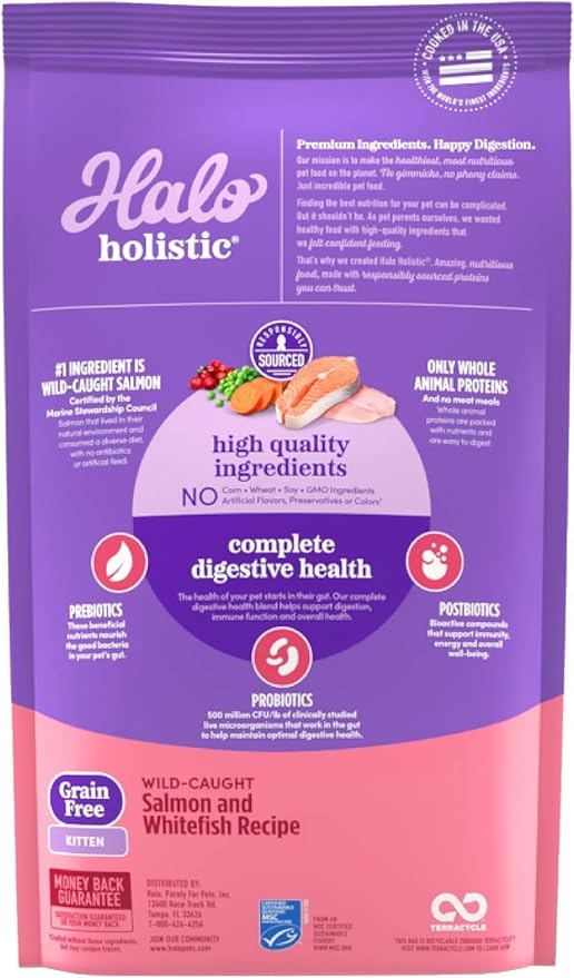 Halo Holistic Kitten Food, Wild Caught Salmon & Whitefish Recipe, Grain Free Dry Cat Food, Complete Digestive Health, 6 lb Bag