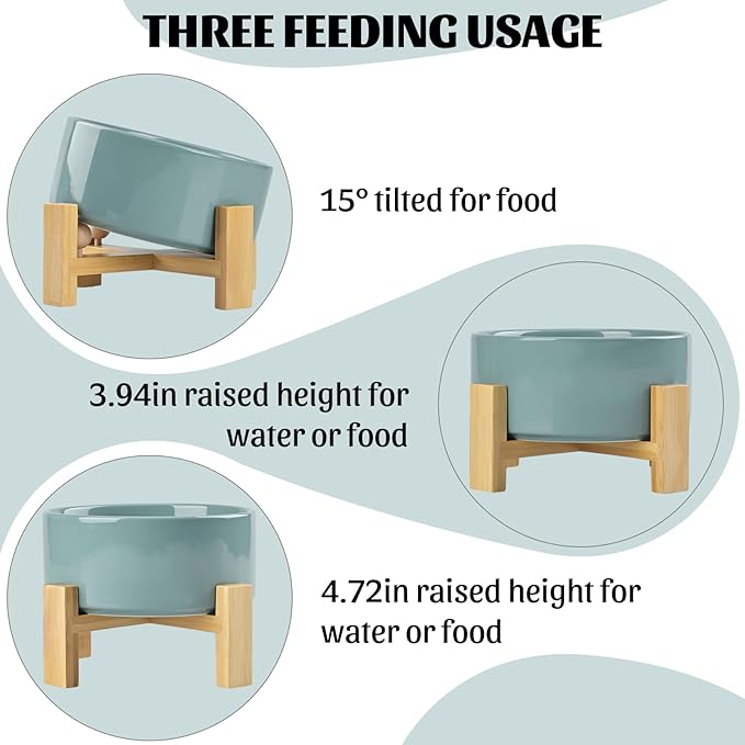 SPUNKYJUNKY 15° Slanted Ceramic Dog and Cat Bowl with Wooden Stand, Tilted Bulldog Food and Water Bowl No Slip Non-Spill for Cats Medium Dogs Big Face Pets 28.7 OZ (3.6 Cups, Light Green)