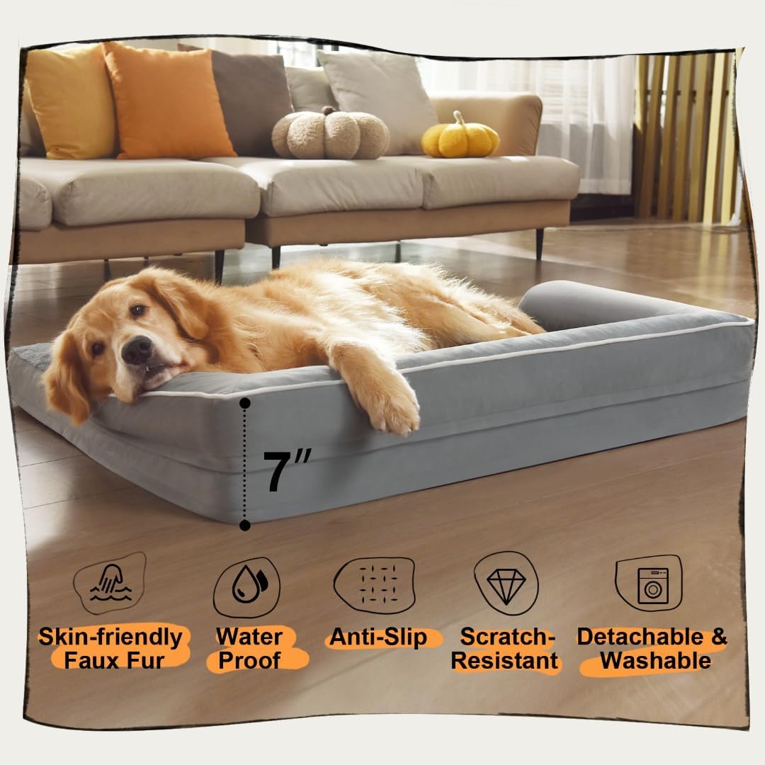 Extra Large Dog Bed-Orthopedic Waterproof XL Dog Bed for XLarge Extra Big Dogs - Foam Couch Sofa Washable with Removable Cover-Grey