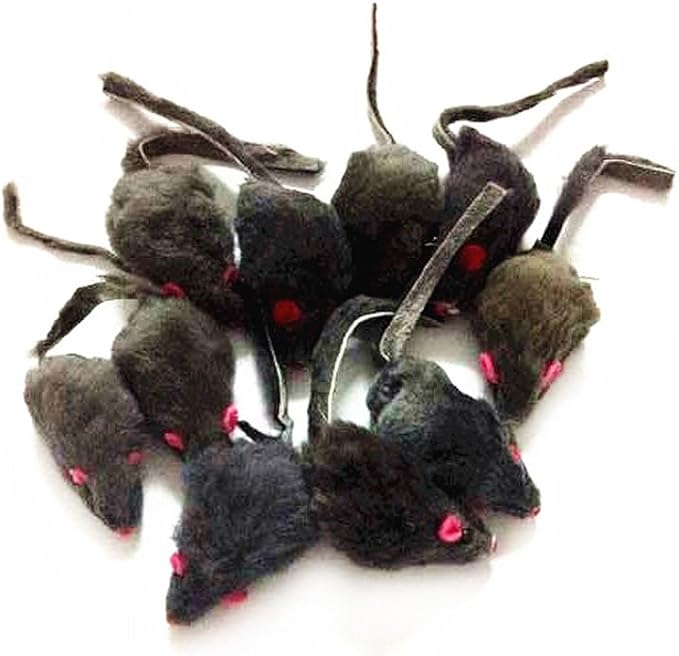 emours 12 Piece Pack Rattle Furry Mice Cat Toy Realistic Fur Mice Toys, Grey