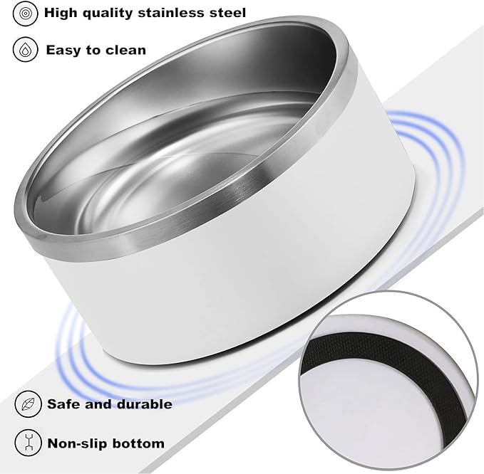 Custom Personalized Dog & Cat Bowls - Stainless Steel Non-Slip Water & Food Dishes - Easy to Clean, Dishwasher Safe - Small, Medium, Large Sizes (White)