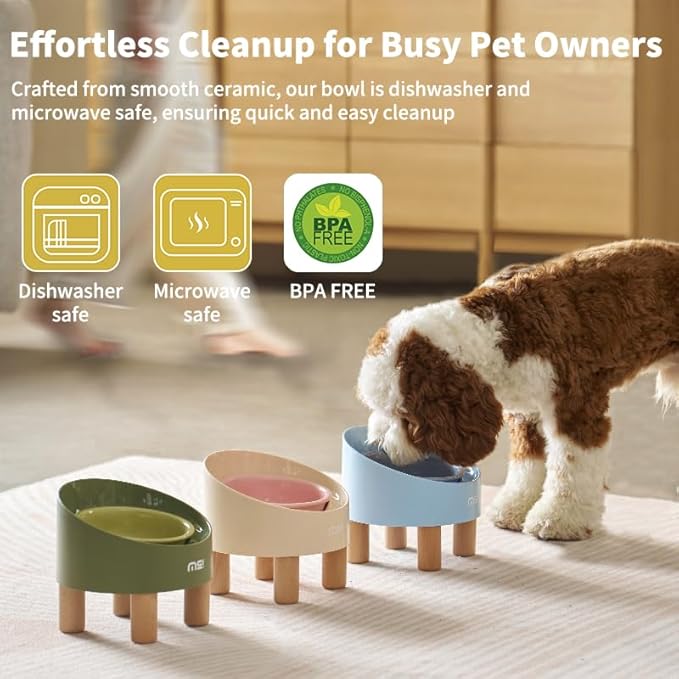 Ceramic Elevated Cat Bowls, Adjustable Raised Double Bowls Set, Pet Bowl with Anti Slip Rubber Pad, Leak-Proof, Stress Neck Free Food & Water Bowls for Small Dogs Geen