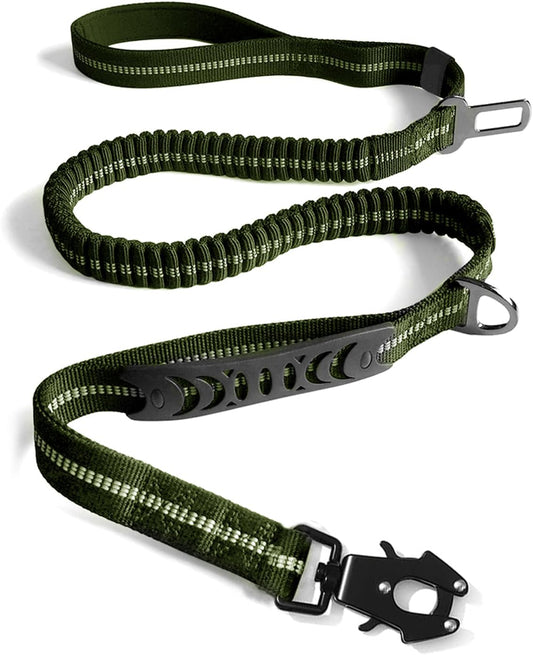 Heavy Duty Tactical Bungee Dog Leash, 4-6FT Shock Absorbing Tactical Dog Leash with 2 Padded Handles, Metal Carabiner Clip, Car Seatbelt, Reflective for Medium Large Dogs (ArmyGreen)
