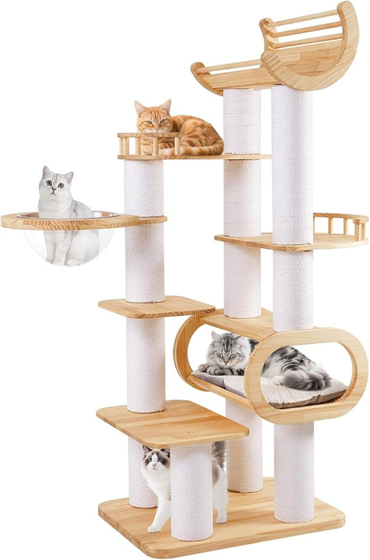 74.8'' Tall Modern Cat Tree for Indoor Large Cats,Luxury Pine Wood Cat Tower for Home Decoration,Multi-Level Huge Cat Furniture with Condo,Clear Bowl,Scratching Posts for Multi-Cat Household
