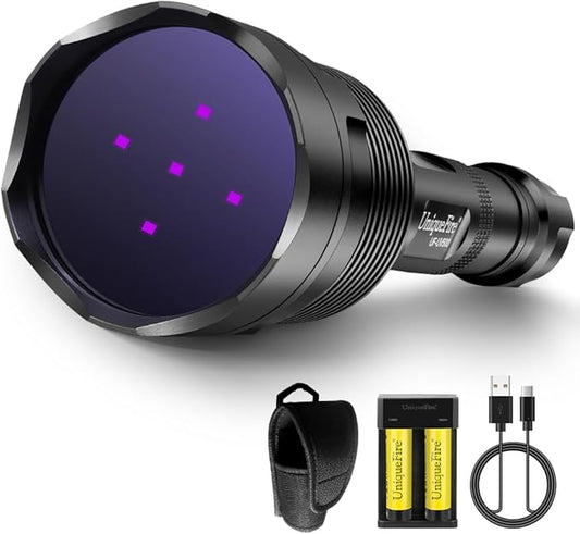 UniqueFire 365nm Black Light UV Flashlight with 5 LEDs Professional UV Light, 50W Powerful Blacklight Flashlight Rechargeable for Pet Urine Finding & Mineral, Antique Detection, Scorpion Search, etc