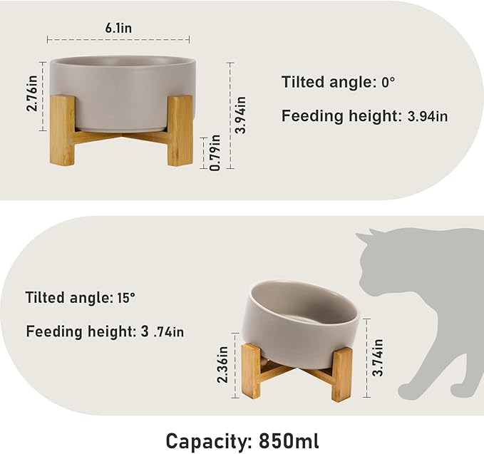 SPUNKYJUNKY 15° Slanted Ceramic Dog and Cat Bowl with Wooden Stand, Tilted Bulldog Food and Water Bowl No Slip Non-Spill for Cats Medium Dogs Big Face Pets 28.7 OZ (3.6 Cups, Grey)