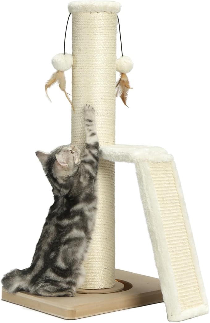 PEEKAB Cat Scratching Post,31" Tall Sisal Scratch Posts with Vertical Scratching Board for Cats and Kittens,with Track Ball and Hanging Feather Ball Toys,Beige